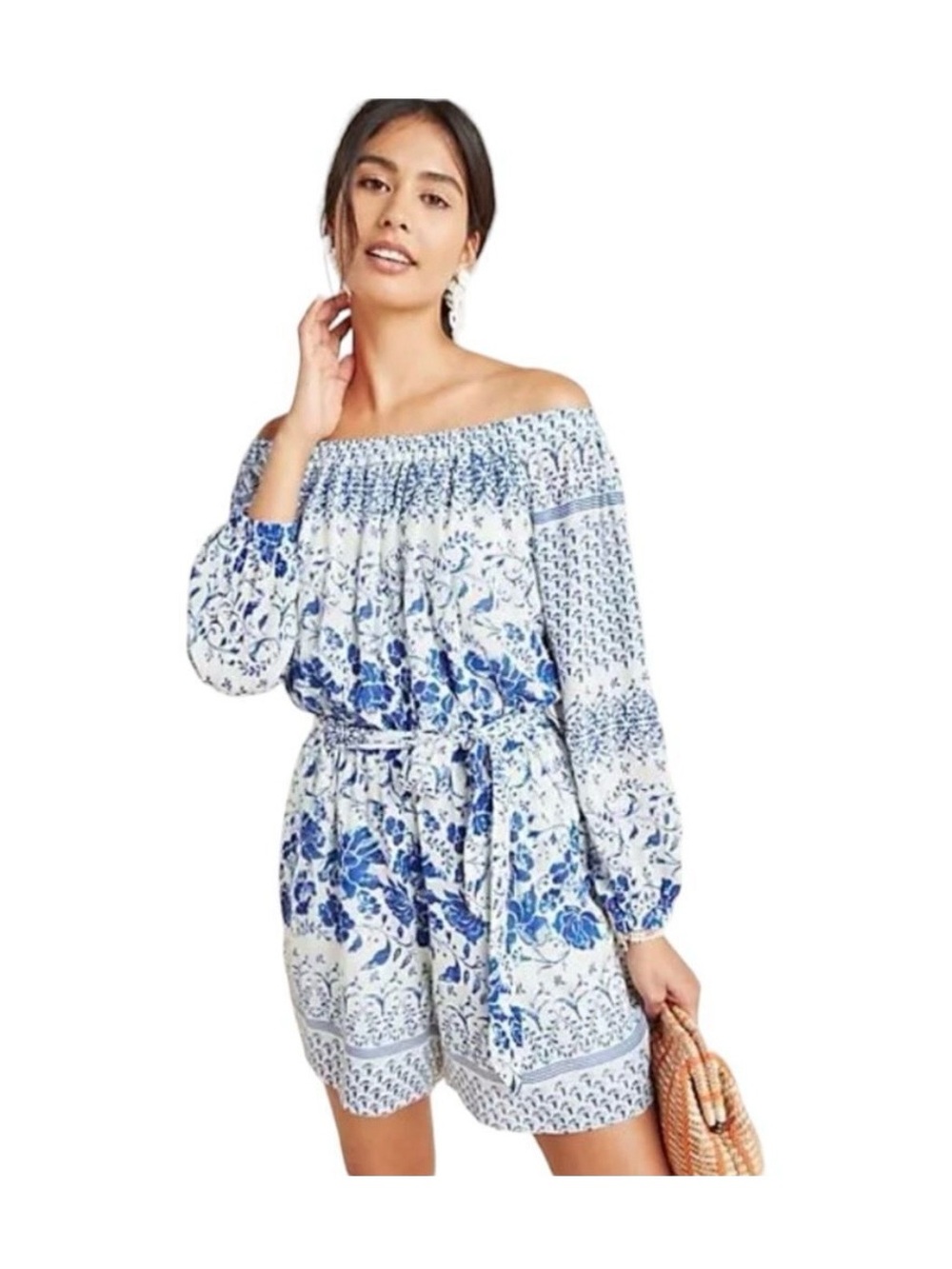 EUC By Anthropologie Clemente Off-Shoulder Floral Romper with Tie Waist Size L